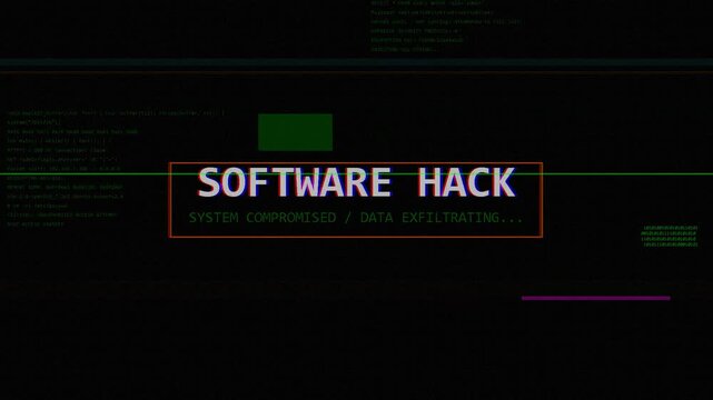 Glitchy software hack warning screen with distorted text, digital noise, cyber threat, data breach, system failure, security alert