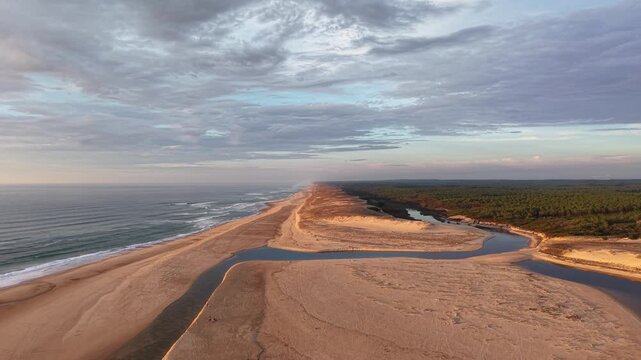 Moliets, Courant du Huchet 3 , Dunes et Ocean, Landes, France. Aerial View. Video