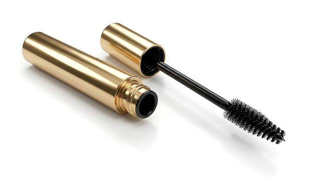 Luxury Golden Mascara Tube and Applicator Wand for Eyelash Makeup on White Background