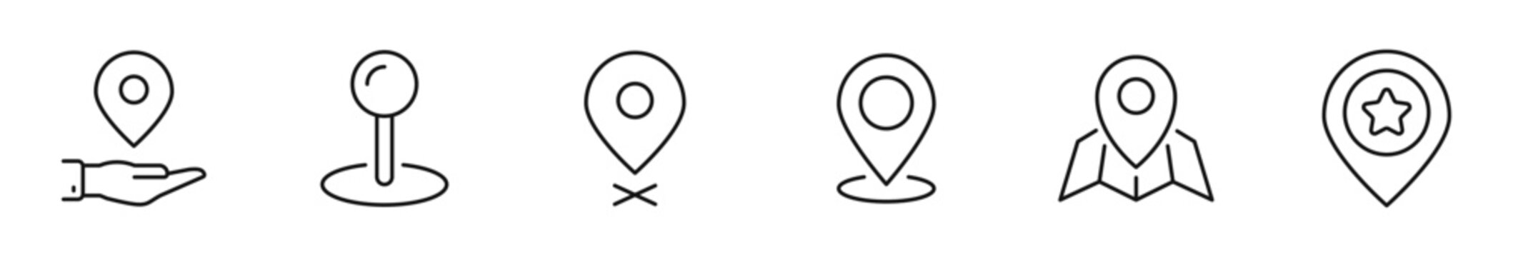 Map pin icon set. Location icon in line style. Editable web icons pointer, address, marker, position, map pin, direction, geolocation etc. Vector illustration.