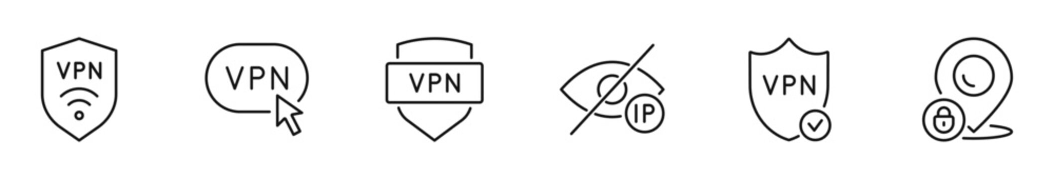 VPN icon set. Privacy icon in line style. Editable web icons proxy, firewall, online protection, cybersecurity, privacy, secure connection, local network etc. Vector illustration.