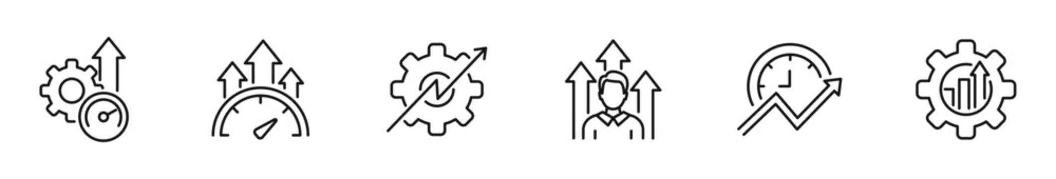 Efficiency icon set. Productivity icon in line style. Editable web icons optimization, progress, time management, workflow, performance improvement, automation etc. Vector illustration.