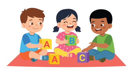 Cartoon Children Learning Alphabet Blocks © Rahat