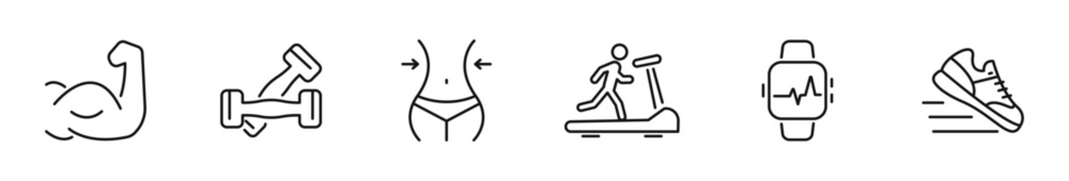 Fitness icon set. Sport icon in line style. Editable web icons training, gym, nutrition, healthy lifestyle, workout, activity, running etc. Vector illustration.