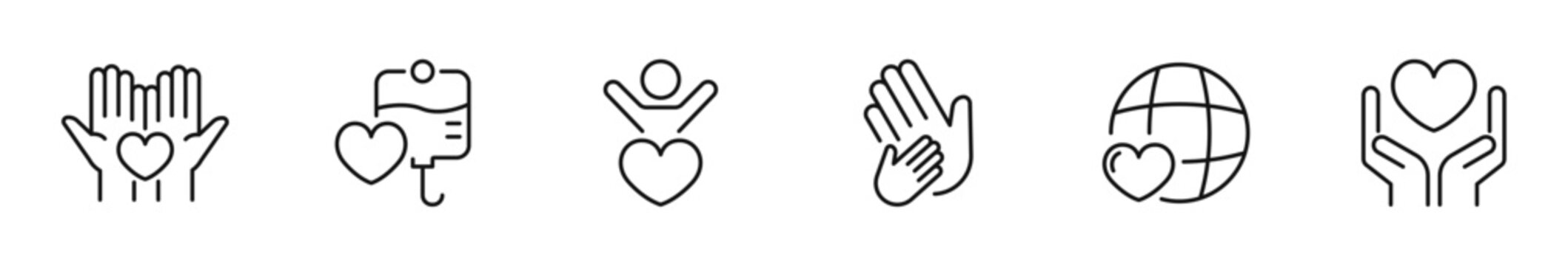 Charity icon set. Donation icon in line style. Editable web icons volunteering, giving, support, social care, fundraising, community help, altruism etc. Vector illustration.