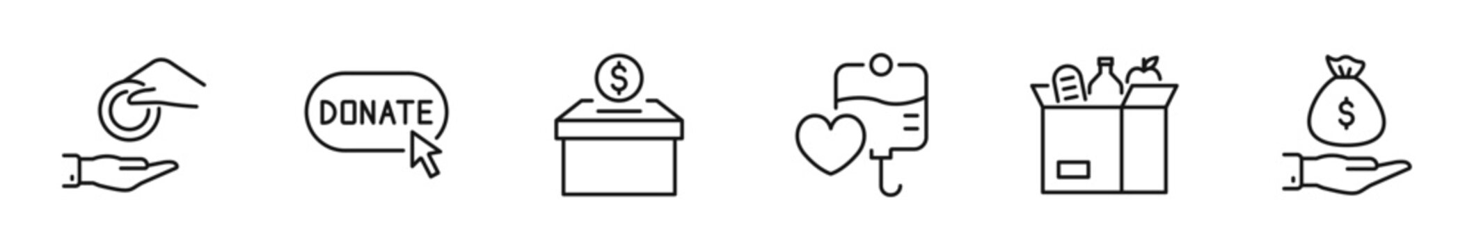 Donation icon set. Charity icon in line style. Editable web icons volunteering, giving, support, social care, fundraising, community help, altruism etc. Vector illustration.