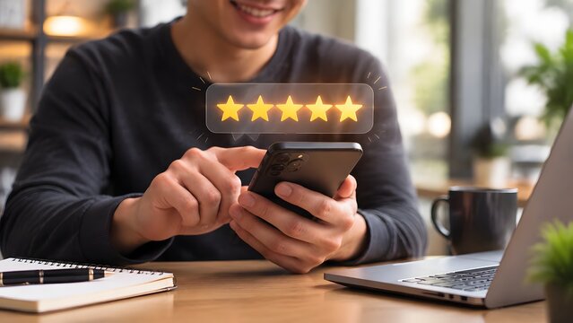 Close up of a person using a smartphone to give a five star rating, representing customer satisfaction, digital feedback, and high quality service experience.