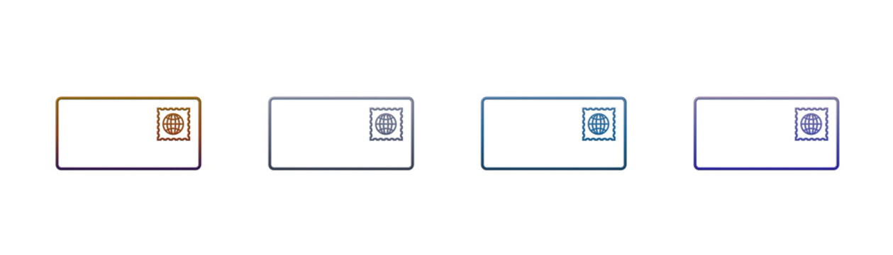 Envelope icons with globe postage stamp set in minimalist line art style