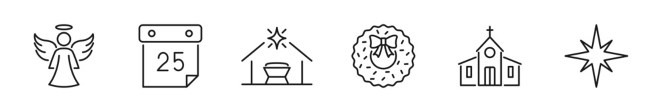 Christmas icon set. Xmas icon in line style. Editable web icons holiday, santa claus, christmas tree, snow, snowman, fireworks, gift, angel, new year etc. Vector illustration.