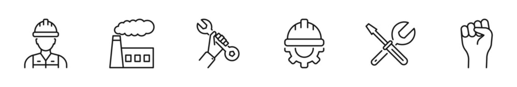 Labor icon set. Work icon in line style. Editable web icons construction, renovation, employee, union, solidarity, right, employment, repairman, tools etc. Vector illustration.