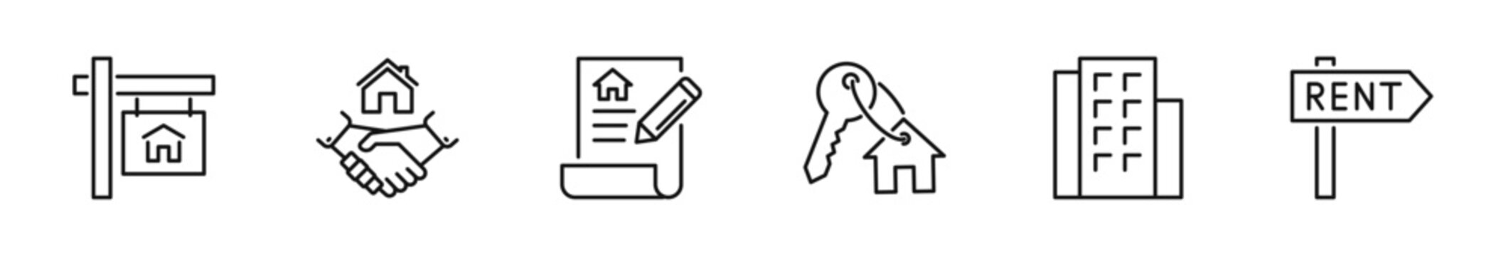 Rental property icon set. Real estate icons in line style. Editable web icons house, renting, home, building, address, renovation, tenant, lease contract, apartment for rent etc. Vector