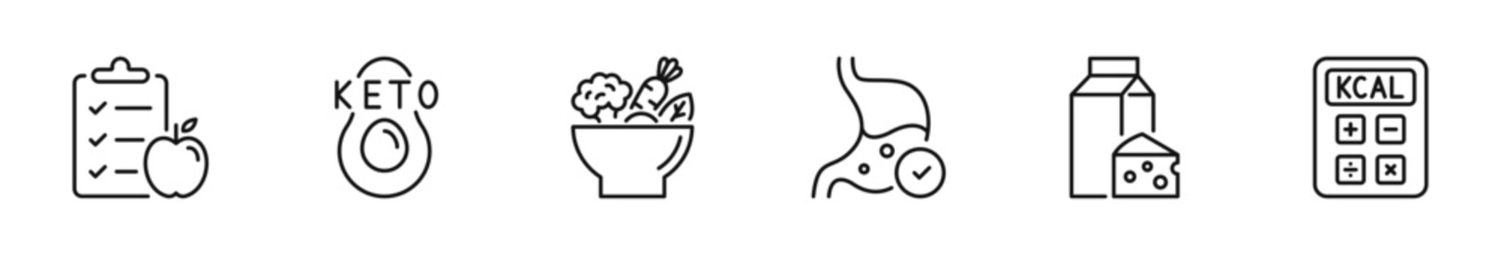 Nutrition icon set. Healthy food icon in line style. Editable web icons metabolism, food, water, vegetables, no sugar, digestion, vitaminscalories, diet, health etc. Vector illustration.