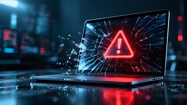 Laptop computer screen displaying a glowing red warning sign with a shattered glass effect, representing cybersecurity threats, malware, hacking, and data breaches.