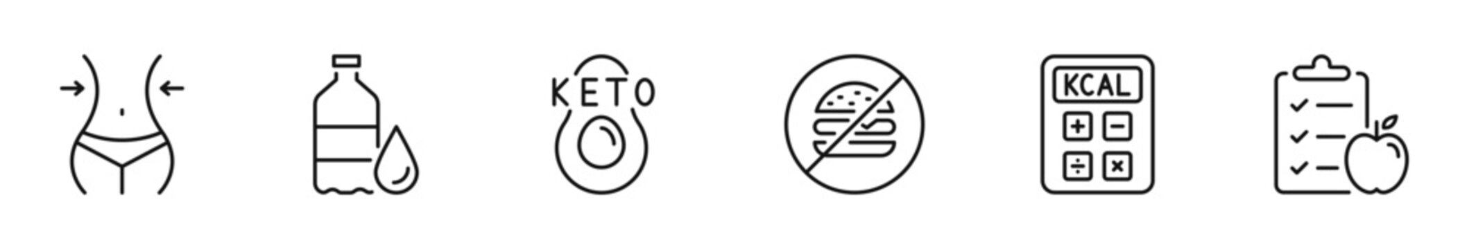 Sport nutrition icon set. Healthy food icon in line style. Editable web icons metabolism, food, water, vegetables, no sugar, digestion, vitamins, calories, diet, health etc. Vector illustration.