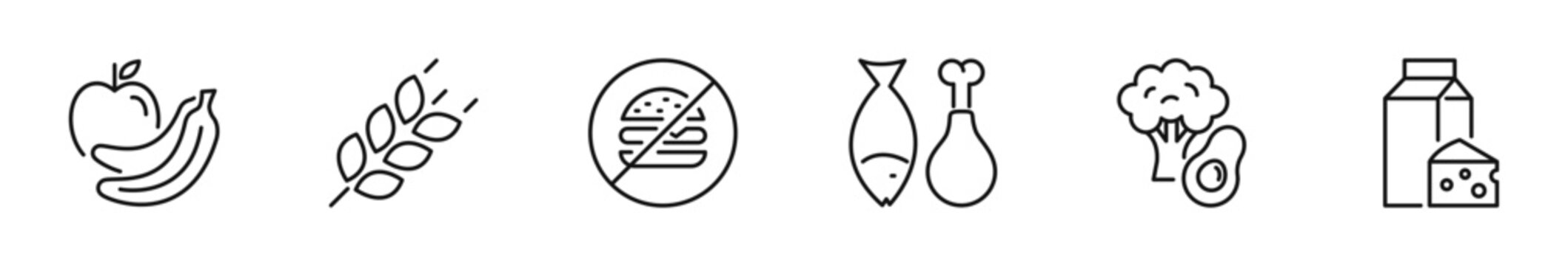 Nutrition icon set. Healthy food icon in line style. Editable web icons metabolism, food, water, vegetables, no sugar, digestion, vitaminscalories, diet, health etc. Vector illustration.