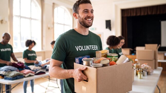 A smiling man in a volunteer t-shirt carries a box of food donations to help those in need.