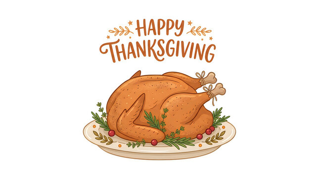 Roasted turkey with happy thanksgiving watercolor lettering on white