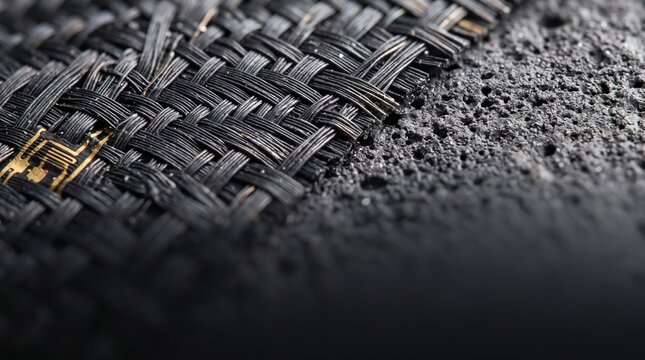 Extreme macro close-up of an electrostatic dust-repellent lunar suit fabric and sintered regolith ceramic matrix