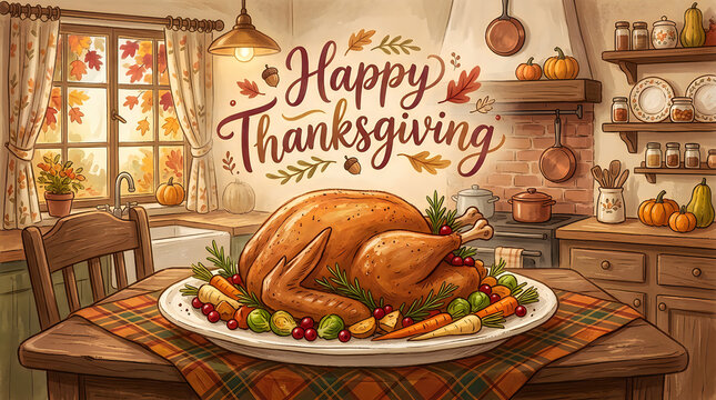 Festive thanksgiving dinner table with roasted turkey and autumn decorations