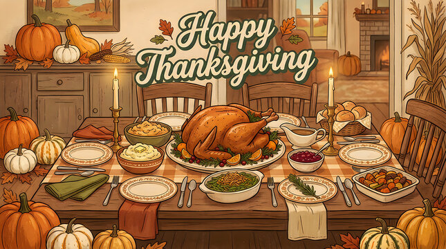 Festive thanksgiving dinner table with roasted turkey and autumn decorations