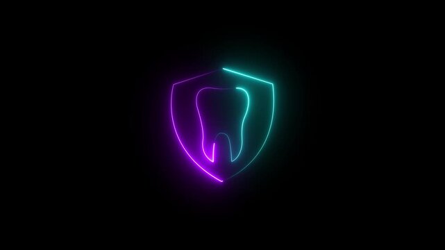 Neon dental protection shield icon animation with glowing tooth symbol for oral healthcare, motion graphic of dental concept, on a transparent background. 4k video