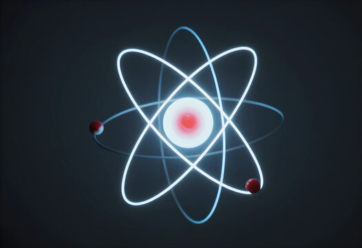 Science and physics research glowing atom model with orbiting electrons and nucleus for nuclear energy quantum mechanics and chemistry education