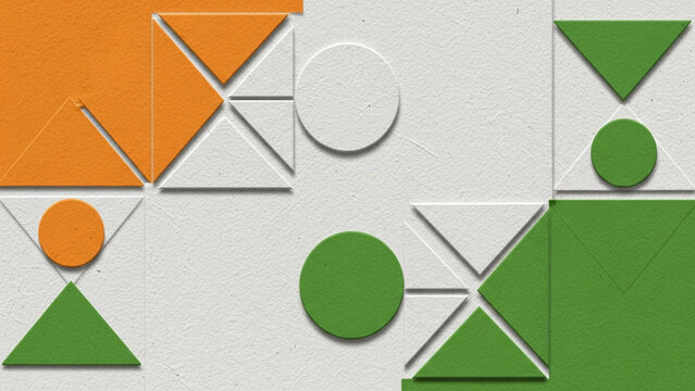 Geometric abstract pattern with circles squares and triangles in orange green and white