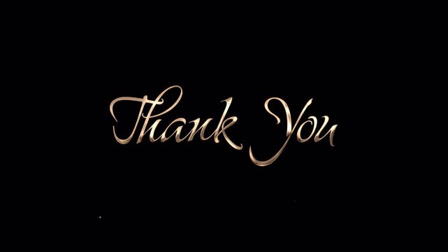 Thank you handwritten in elegant gold script lettering against a shiny black background. Suitable for thank you cards, social media posts, luxury stationery, posters.