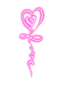 Bright pink neon vertical love script lettering seamlessly merging into an infinity heart symbol continuous line art vector design.