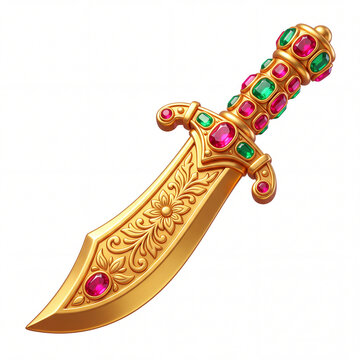 Ornate golden dagger with rubies and emeralds featuring floral carvings and curved blade