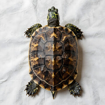 Longevity and patience concept, top view of a patterned turtle shell with intricate geometric scales on a textured white fabric background for nature