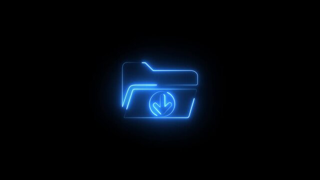 Neon glowing folder download icon animation for digital data transfer, technology interfaces on a transparent background. motion graphic of file download concept. 4k video