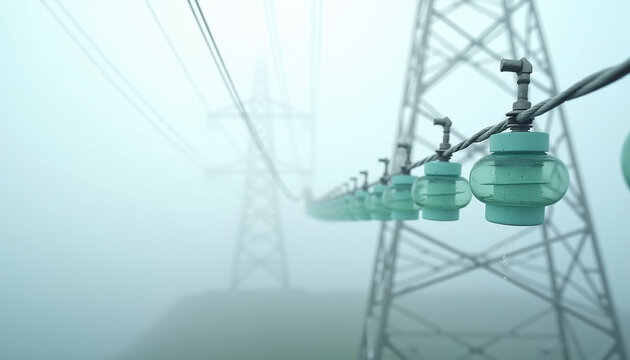 Glass insulator strings on a power tower in dense morning fog