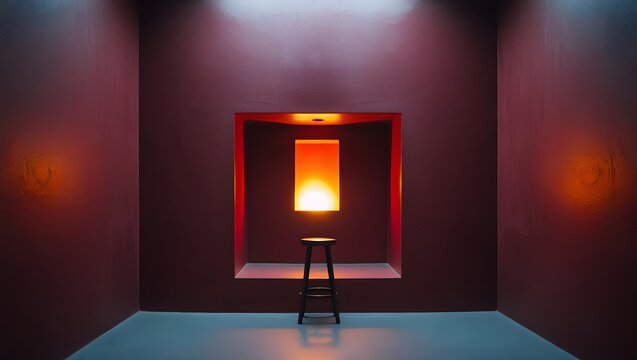 Hypnotic Burgundy Architectural Interior with Radiant Doorway and Lone Stool