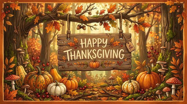 Festive thanksgiving table setting with pumpkins and autumn foliage display