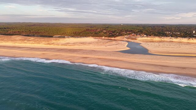 Moliets, Courant du Huchet, Foret, Dunes et Ocean, Landes, France. Aerial View. Video