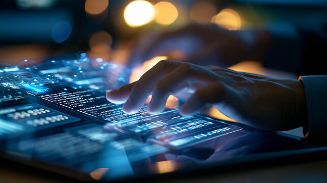 Cropped hands of a developer using an AI powered code generation interface on a virtual screen with programming scripts data panels and an automation system in blue light face out