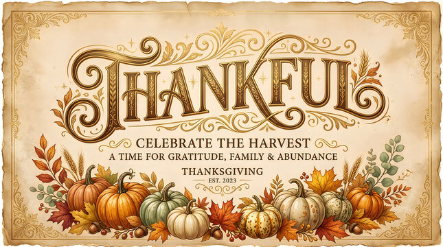 Vintage thankful typography with autumn pumpkins and harvest decorations