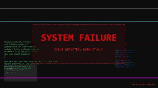 Retro computer system failure error screen with flashing red text warning, digital glitch aesthetic for cybersecurity, server crash, software malfunction, data corruption