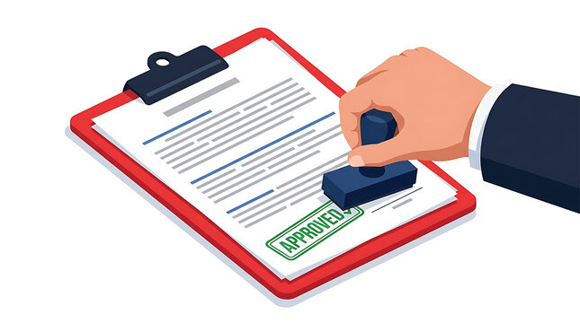 Hand stamping an official document with an approved stamp, business concept illustration