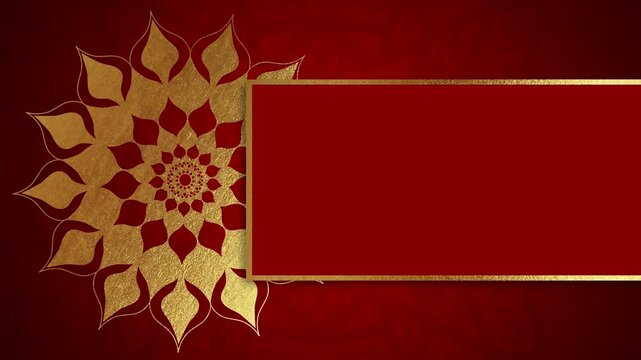 Luxurious red indian wedding invitation video motion template featuring large left gold floral mandala pattern with rectangular title box