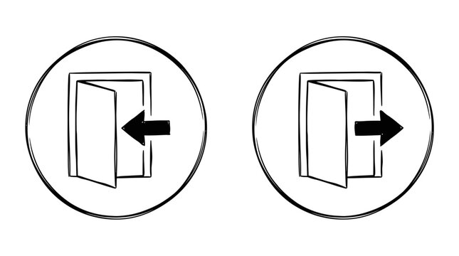 Door sketch icons with directional arrows showing entering and exiting on white background, ideal for architectural design, navigation graphics and digital interfaces