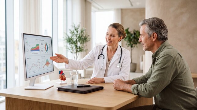 Doctor explaining health data and statistics to patient in modern medical office with charts and graphs on screen