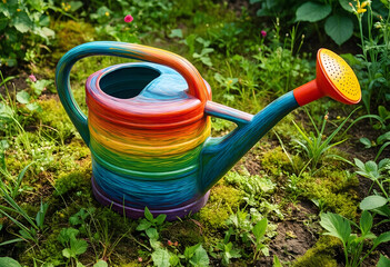 Fototapeta premium Gardening and sustainability, colorful rainbow watering can for plant care and organic horticulture in a lush backyard garden with green moss and grass