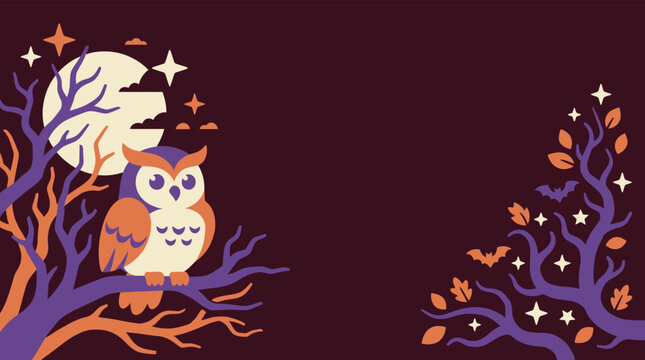 Spooky Halloween vector banner featuring a cute owl perched on a twisted tree branch with a full moon, flying bats, glowing stars, and ample copy space on a dark textured backgroun
