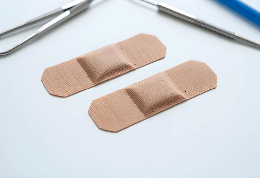 First aid and wound care, adhesive bandages with medical instruments for minor injury treatment and healthcare recovery in a clinical or home setting