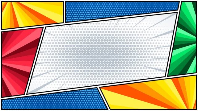 Colorful comic book page layout with blank speech bubble frame and vibrant action speed lines