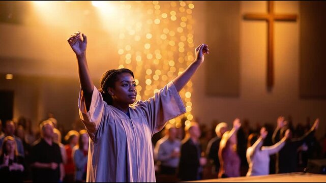 A woman with her hands raised in worship in a church, with a cross in the background and a congregation in the pews.