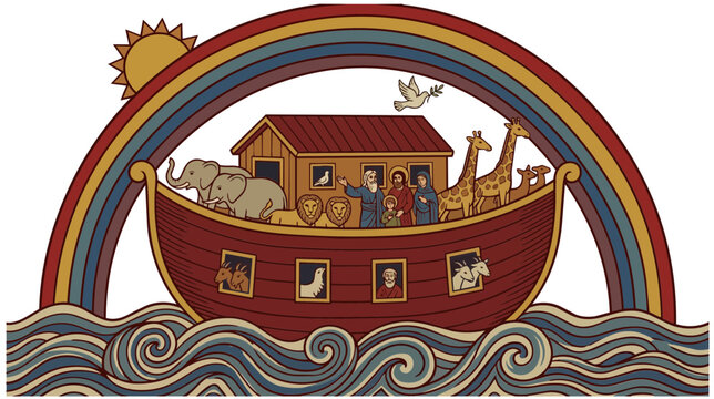 Arte e historia religi&oacute;n. Escena b&iacute;blica del arca de No&eacute; cargando animales antes del diluvio universal