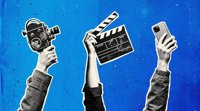 Three arms raised against a blue background holding a vintage movie camera, a film clapperboard, and a modern smartphone to represent filmmaking evolution